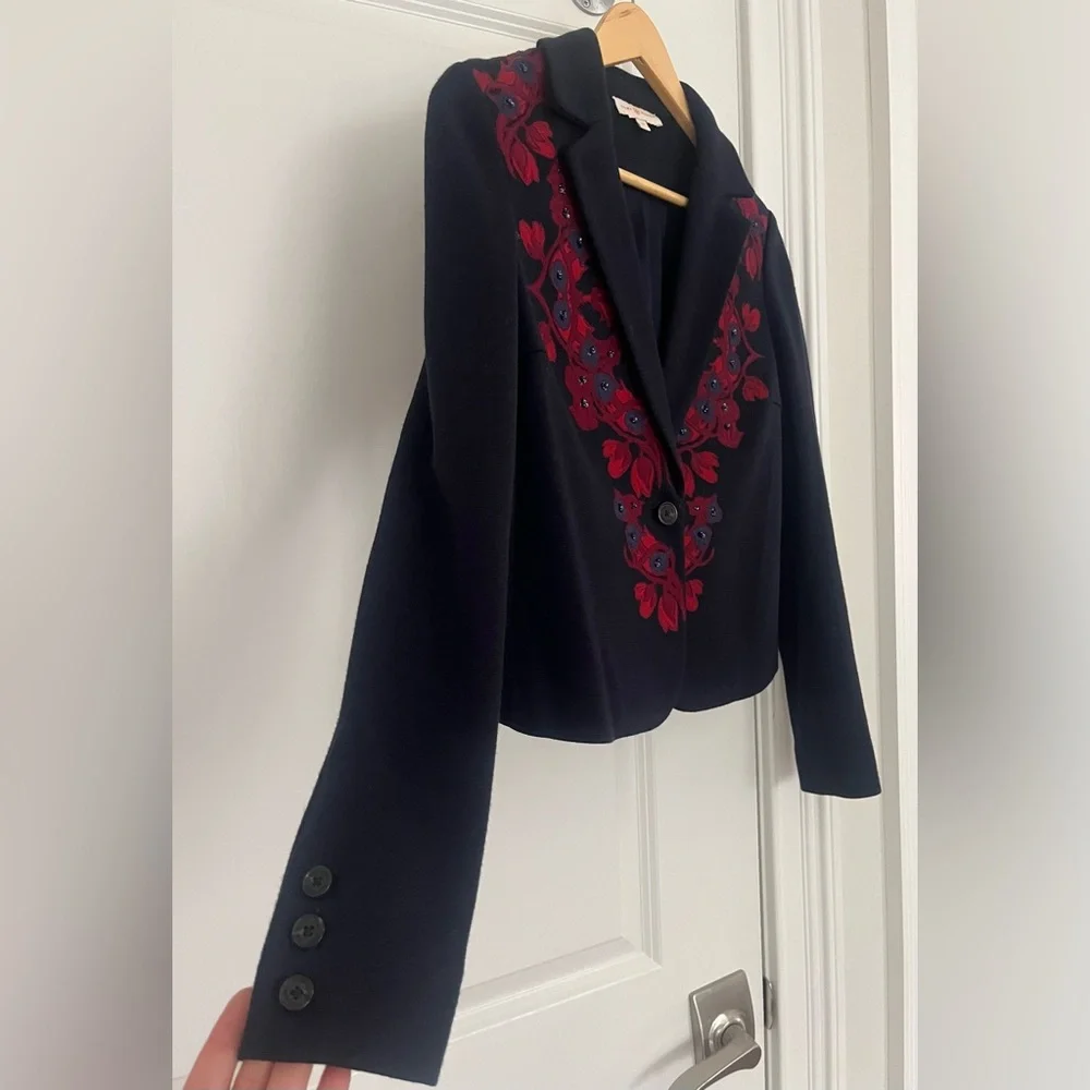 TORY BURCH Navy/Red Floral Button Front Blazer/Jacket Sz. XS Wool blend